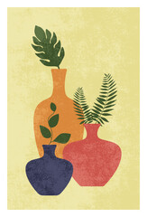 Mid century modern style. Retro design with texture. Vases with green tropical leaves. Vector illustration for social media, cards, post marks, wall decor.