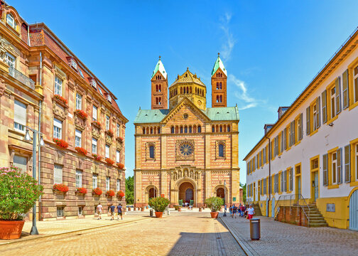 Speyer, Rhineland-Palatinate, Germany view of the Dom west portal from the main street