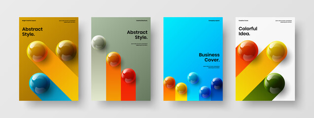 Unique banner A4 vector design concept composition. Geometric 3D spheres booklet template bundle.