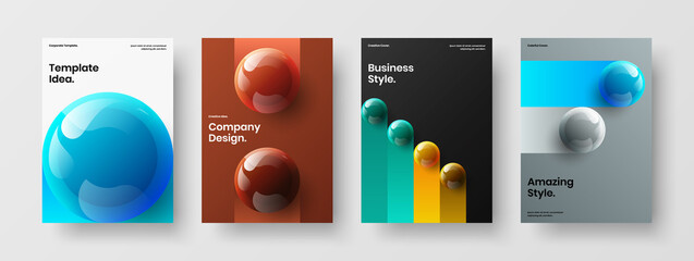 Bright postcard vector design layout set. Clean 3D balls company brochure concept bundle.