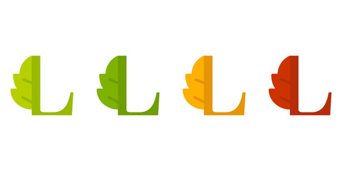 Otoño. Caída de la hoja. Logotipo letra inicial L con forma de hoja de árbol en color verde, naranja y rojo - obrazy, fototapety, plakaty