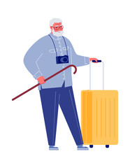 Illustration of retired tourist character. Old man travelling with camera, walking stick, suitcase. Vacation people isolated vector. Conceptual of journey and furlough. Flat cartoon.