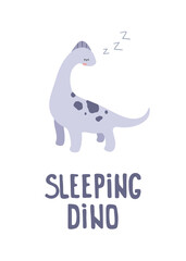 Cute sleeping dino poster. Print for fabric, textile, apparel, nersery, wallart.