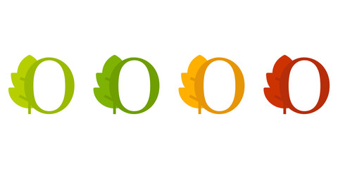 Otoño. Caída de la hoja. Logotipo letra inicial O con forma de hoja de árbol en color verde, naranja y rojo - obrazy, fototapety, plakaty