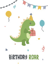 Cute dino birthday party poster. Print for postcards, paper, wall art, card, fabric.
