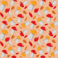 Seamless pattern of colorful mushrooms on a pastel background. Hello autumn, background for the design of notebooks, clothes, fabrics. Pattern with red and porcini mushrooms.