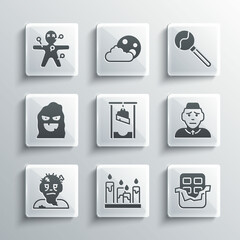 Set Burning candle, Chocolate bar, Priest, Guillotine, Zombie mask, Funny scary ghost, Voodoo doll and Lollipop icon. Vector