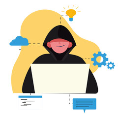 Male programmer in flat style in black clothes