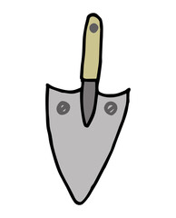 Garden shovel isolated on a white background. Garden scoop. Shovel for earthworks. A tool for digging and transplanting plants. Vector illustration in the Doodle style. Vector black and white doodle