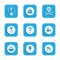 Set Unknown search, Fragile broken glass, QR code, Factory production, Carton cardboard box, Industrial hook, Bones and skull warning and icon. Vector