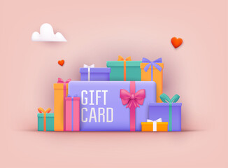 Gift card and promotion strategy, gift voucher, discount coupon and gift certificate concept. 3D Web Vector Illustrations. - obrazy, fototapety, plakaty