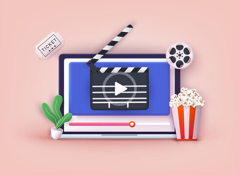 Concept of online home cinema. Bucket for popcorn, film strip and reel. Filmmaking banner. 3D Web Vector Illustrations.