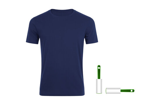Sticky clothes roller and blue t-shirt on white background
