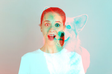 Pretty young woman and silhouette of dog isolated over pink background with glitch effect. Concept...