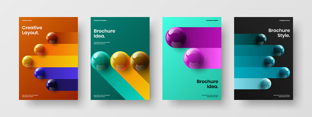 Geometric pamphlet A4 design vector illustration collection. Fresh realistic spheres corporate cover concept set.
