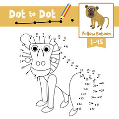 Dot to dot educational game and Coloring book Yellow Baboon monkey animal cartoon character vector illustration