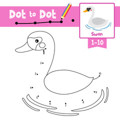 Dot to dot educational game and Coloring book Swan animal cartoon character vector illustration