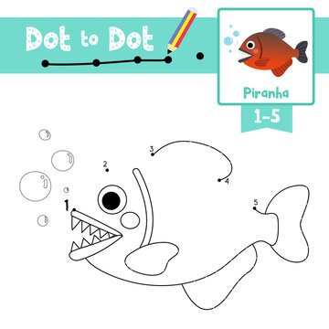 Dot to dot educational game and Coloring book Piranha fish animal cartoon character vector illustration
