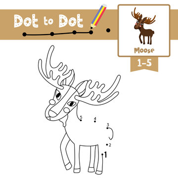 Dot to dot educational game and Coloring book Standing Moose animal cartoon character vector illustration