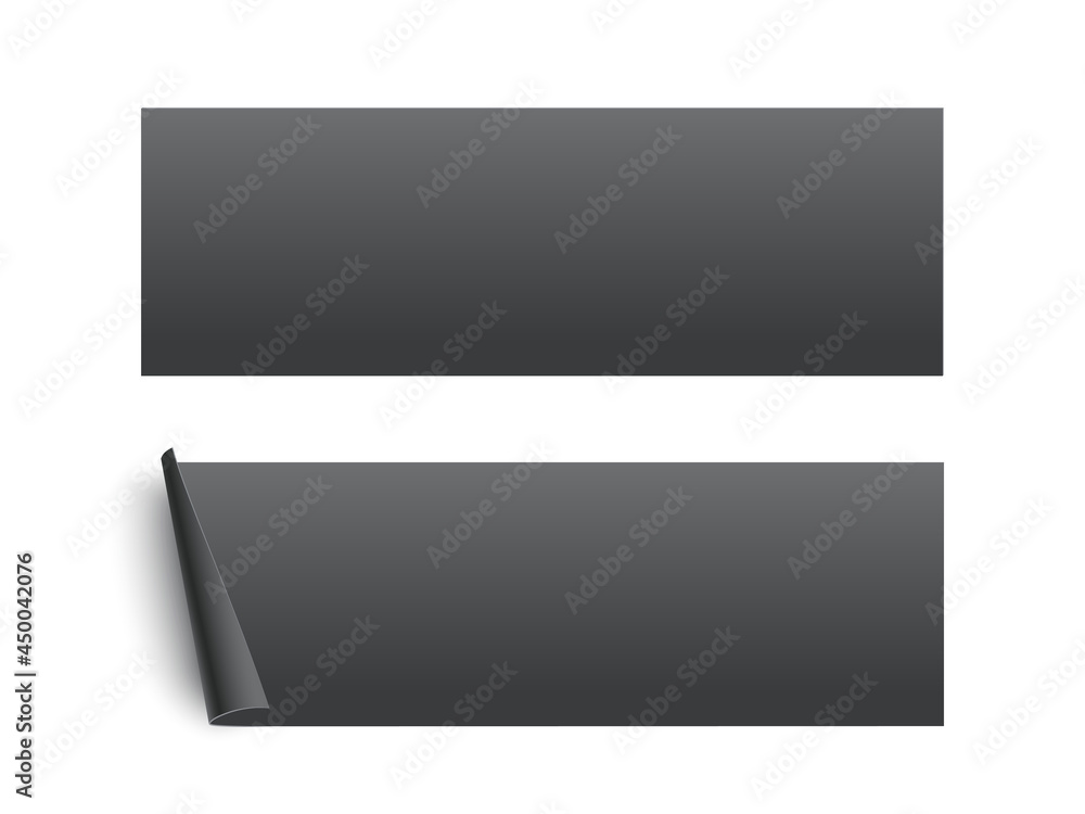 Poster black glued rectangle stickers with curling edges. 3d blank paper label vector illustration. badge w