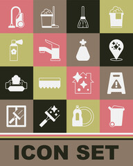 Naklejka premium Set Trash can, Wet floor, Home cleaning service, Handle broom, Water tap, Air freshener spray bottle, Vacuum cleaner and Garbage bag icon. Vector