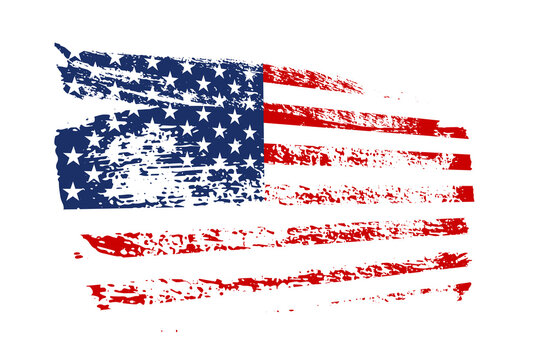 Grunge waving American flag isolated on white background. Scratched USA national symbol. Vector design element.