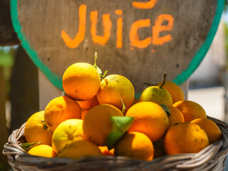 A basket of ripe oranges and a sign for sale. Natural fruit from an organic farm. Food and drink.