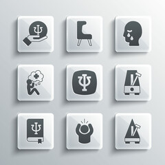 Set Anger, Metronome with pendulum, Psychology, Psi, book,, Helping hand, and Man graves funeral sorrow icon. Vector