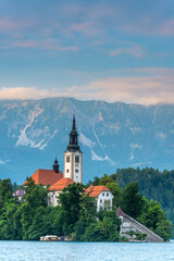 Fototapeta premium Romantic Bled Lake with Assumption Church on Island at Summer in Slovenia