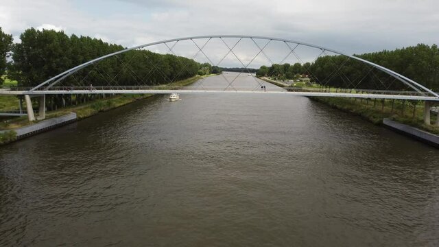 Pedestrian and cyclist bridge over the Amsterdams Rijn Canal,  waterway in Nigtevecht The Netherlands. Liniebrug
