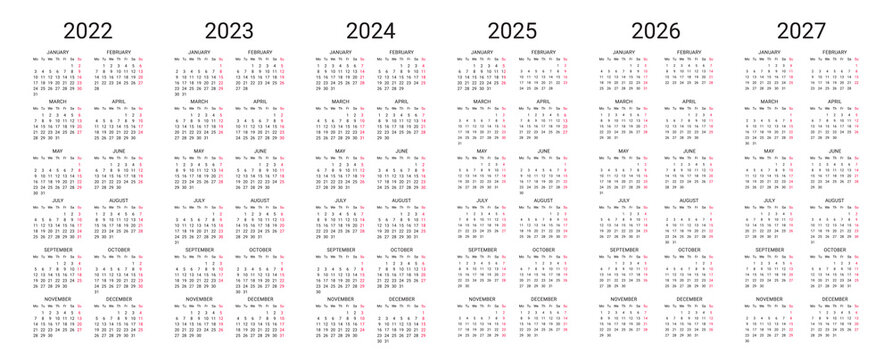 Simple english calendar 2022, 2023, 2024, 2025, 2026, 2027 on white background. Vector illustration. Week starts on Monday. Vector illustration.