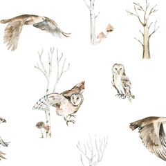 Woodland birds seamless pattern for fabric, Watercolor forest birdsseamless digital paper, Owls and eagles repeat pattern for nursery decor, textile, wrapping paper