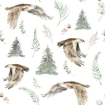 Woodland birds seamless pattern for fabric, Watercolor forest birdsseamless digital paper, Owls and eagles repeat pattern for nursery decor, textile, wrapping paper