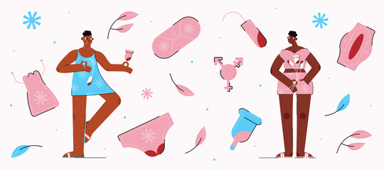People who menstruate. Set with accessories for menstruation with two African-American transgender people drawn in pink and blue tones. - obrazy, fototapety, plakaty