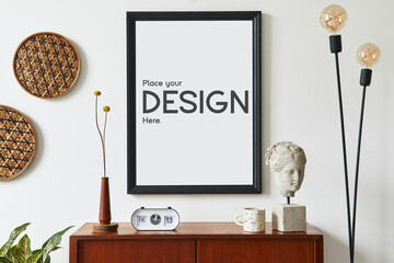 Retro modern compositon of living room interior with design teak commode, black mock up poster...