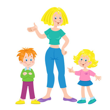 Happy family. Mother, little son and daughter are standing together. In cartoon style. Isolated on white background. Vector flat illustration.