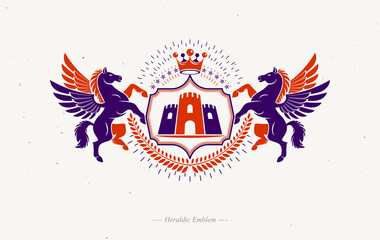 Fototapeta na wymiar Heraldic coat of arms decorative emblem composed using mythic Pegasus and medieval castle