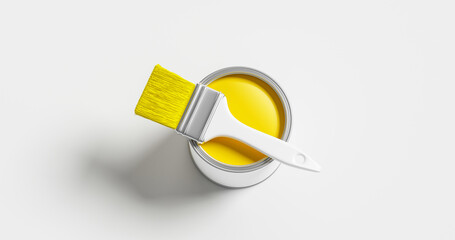 Yellow paint can bucket color container art and painting brush tool for renovation home design...