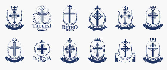 Vintage Christian crosses vector logos or emblems, heraldic design elements big set, classic style heraldry religion symbols, antique designs. - obrazy, fototapety, plakaty
