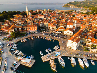 Izola at Adriatic Sea Istria in Slovenia. Drone View of Town and Harbour