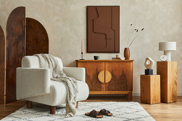 Stylish composition of modern cozy living room interior with structure painting, folding screen,...