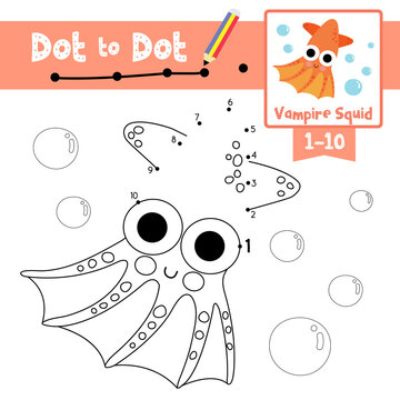 Dot to dot educational game and Coloring book Vampire Squid animal cartoon character vector illustration