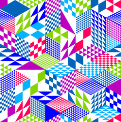 Fototapeta premium Geometric 3D seamless pattern with cubes, rhombus and triangles boxes blocks vector background, architecture and construction, wallpaper design.