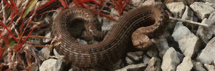 The serpent lies on the stones. Wide panoramic view. Artistic work