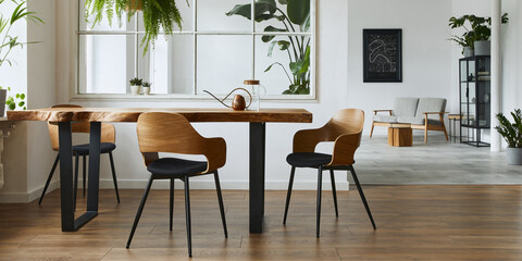 Stylish and botany interior of dining room with design craft wooden table, chairs, a lof of plants, big window, poster map and elegant accessories in modern home decor. Template.