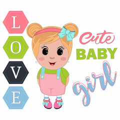 Cute Cartoon beautiful baby girl with text love and cute baby. Perfect for greeting cards, party invitations, posters, stickers, pin, scrapbooking, icons.