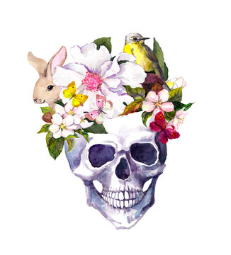 Human skull with flowers, animals rabbit, bird, butterflies in boho style. Watercolor