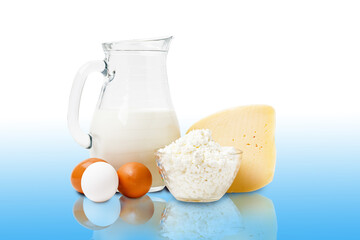 Organic Farm Food, Dairy Product And Eggs Isolated On Blue Background With Reflection.