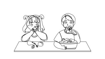 Children Eat Vitamin Fruits And Vegetables Black Line Pencil Drawing Vector. Little Girl Eating Delicious Ripe Apple, Strawberry And Pear, Boy Taste Vitamin Salad. Characters Healthy Food Illustration