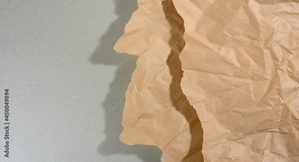 Poster mint brown piece of paper with torn edges and shadow on gray background. abstract creative backdrop 